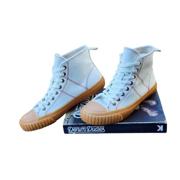 J.Crew Canvas High-Top Sneakers Ivory Gum Sole Red Stitching Sz 6 - Picture 6 of 10